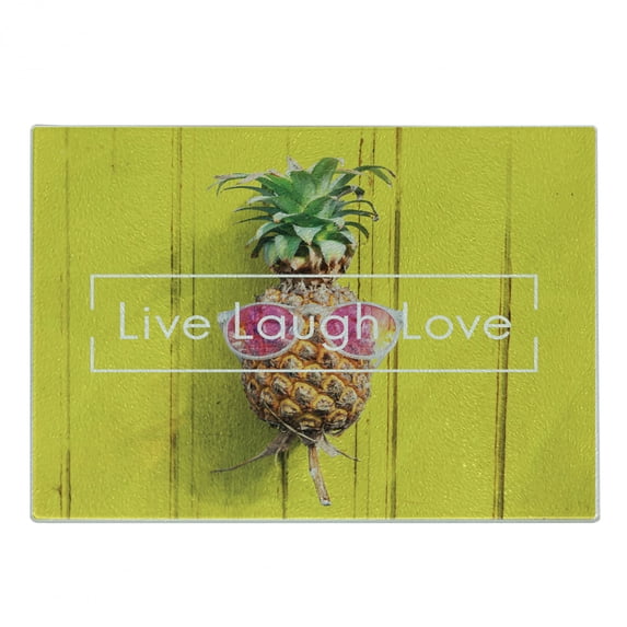 Live Laugh Love Cutting Board, Tropical Pineapple Fruit with Sunglasses on Yellow Wood Board Joyful Print, Decorative Tempered Glass Cutting and Serving Board, Small Size, Multicolor, by Ambesonne