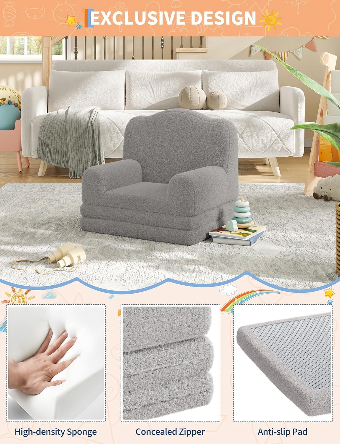 Kids Couch, 2-in-1 Convertible Teddy Fleece Fabric Toddler Sofa Chair, Soft Fold Out Couch Lounger for Kids, Comfy Children's Sofa Bed for Playroom, Nursery, Birthday Gift (Gray Crown)
