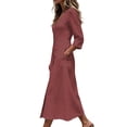 thumbnail image 6 of CHGBMOK Cotton Linen Dresses for Women 3/4 Sleeve V Neck Button Down Dress Cinched Waist Flared Fall Maxi Dress, 6 of 7