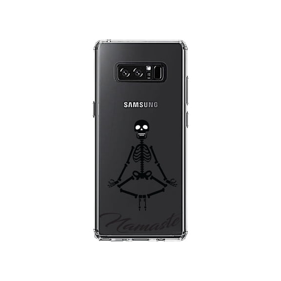 DistinctInk Clear Shockproof Hybrid Case for Samsung Galaxy Note 8 - TPU Bumper, Acrylic Back, Tempered Glass Screen Protector - Namaste Yoga Skeleton