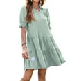 thumbnail image 2 of Casual Dresses for Women Lapel Collared V Neck Mid Sleeved Pleated Summer Dresses for Women 2025 Midi Dresses Light Green S, 2 of 8