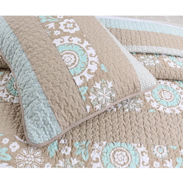 Comforter Set Queen Size 3-Piece Coverlet Set for Night Sleep Bedding Quilt with Green Yellow Blue Plaid Striped Real Patchwork