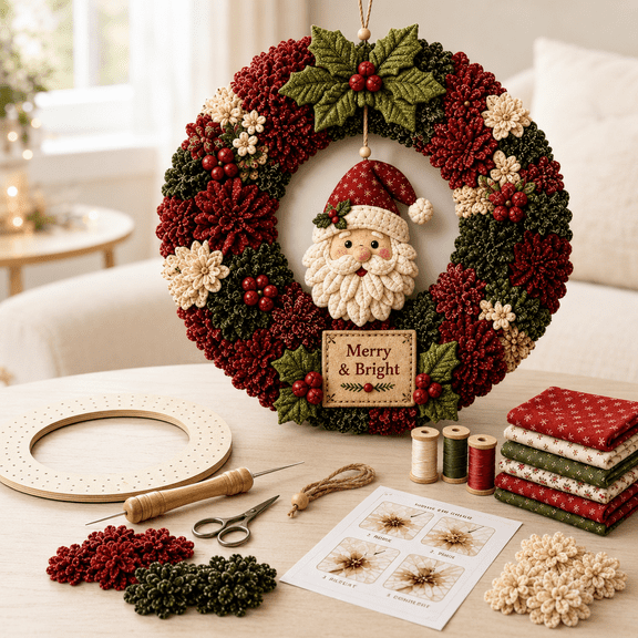 3D Fabric Poke Wreath DIY Kit, Punch Needle Craft Set, Complete Accessories Beginner‑Friendly Handcraft for Front Door Wall Home Decor