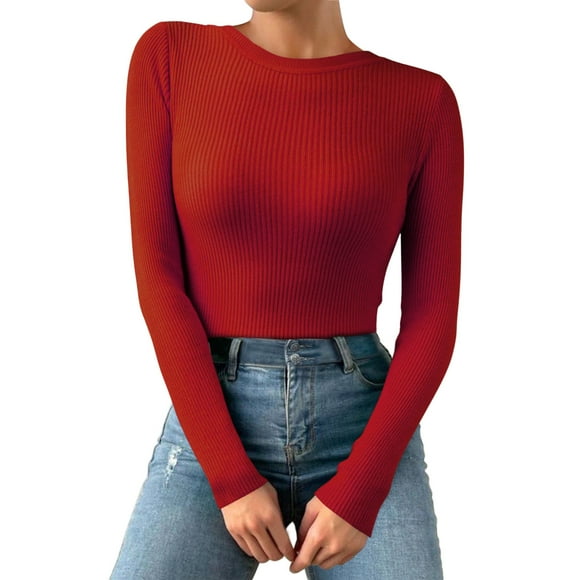 Lixiuxyad Women Casual Multicolor Basic Round Neck Solid Color Knit Long Sleeve Bodysuit Top Red