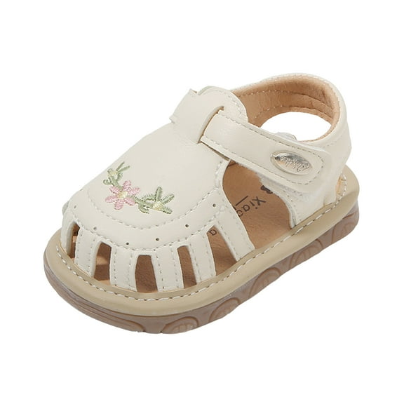 WUANDIXFA Girls Leather Soft Closed Toe Princess Flat Shoes Summer Sandals(Toddler/Little Kid) (Beige, 4)