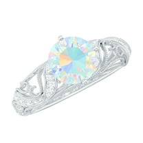 Rosec Jewels Vintage Inspired Ethiopian Opal Ring with Diamond - Engagement Ring, 925 Sterling Silver, US 4.00