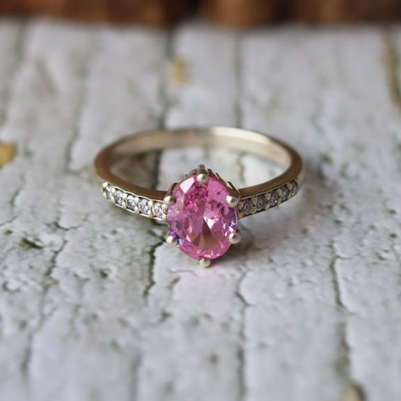 Pink Topaz Gemstone Ring, 925 Sterling Silver, Dainty Silver Ring, Handmade Promise Ring, CZ Topaz Band Ring, Engagement Ring