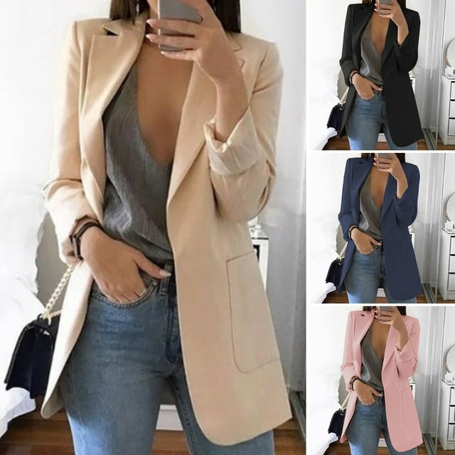 Sarkoyar Long Sleeve Big Pockets Mid-Length Suit Jacket Office Work Lapel Open Stitch Cardigan Blazer Outerwear