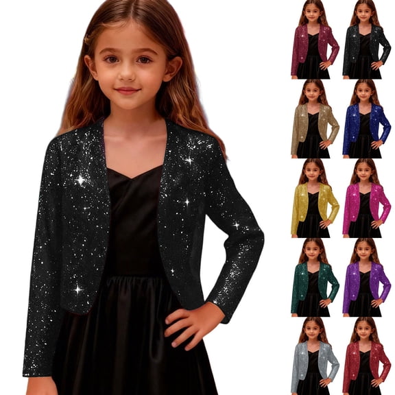 Lkhaha Girls Elegant Glitter Bolero Jacket Long Sleeve Cropped Shrug Sparkly Party Outerwear Black 4-5 Years