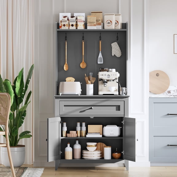 63'' Pantry Cabinet with 4 Hooks, Kitchen Storage Cabinet with Charging Station, Coffee Bar Table for Living Room, Dining Room, 1 Large Drawer, Adjustable Shelves