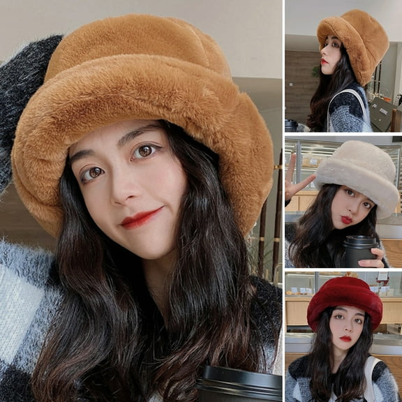 Yirtree Women's Faux Fur Bucket Hats Fluffy Winter Warm Ladie's Unique Printed Fisherman Cap