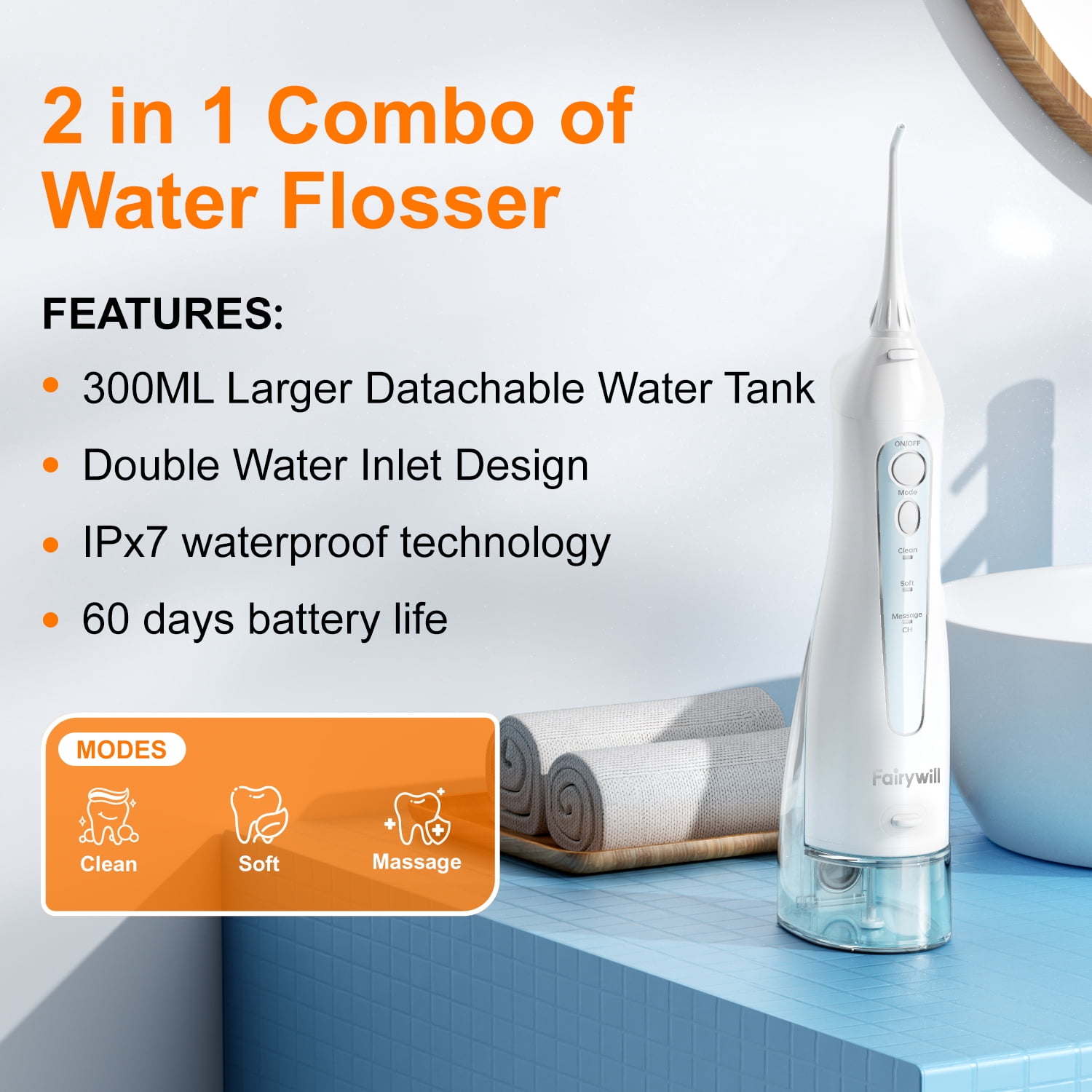 Fairywill Electric Toothbrush Water Flosser Combo, 47000/min Sonic Toothbrush with 5 Modes and 300ml Oral Irrigator,4 Brush Heads & 4 Jet Tips Included, Black