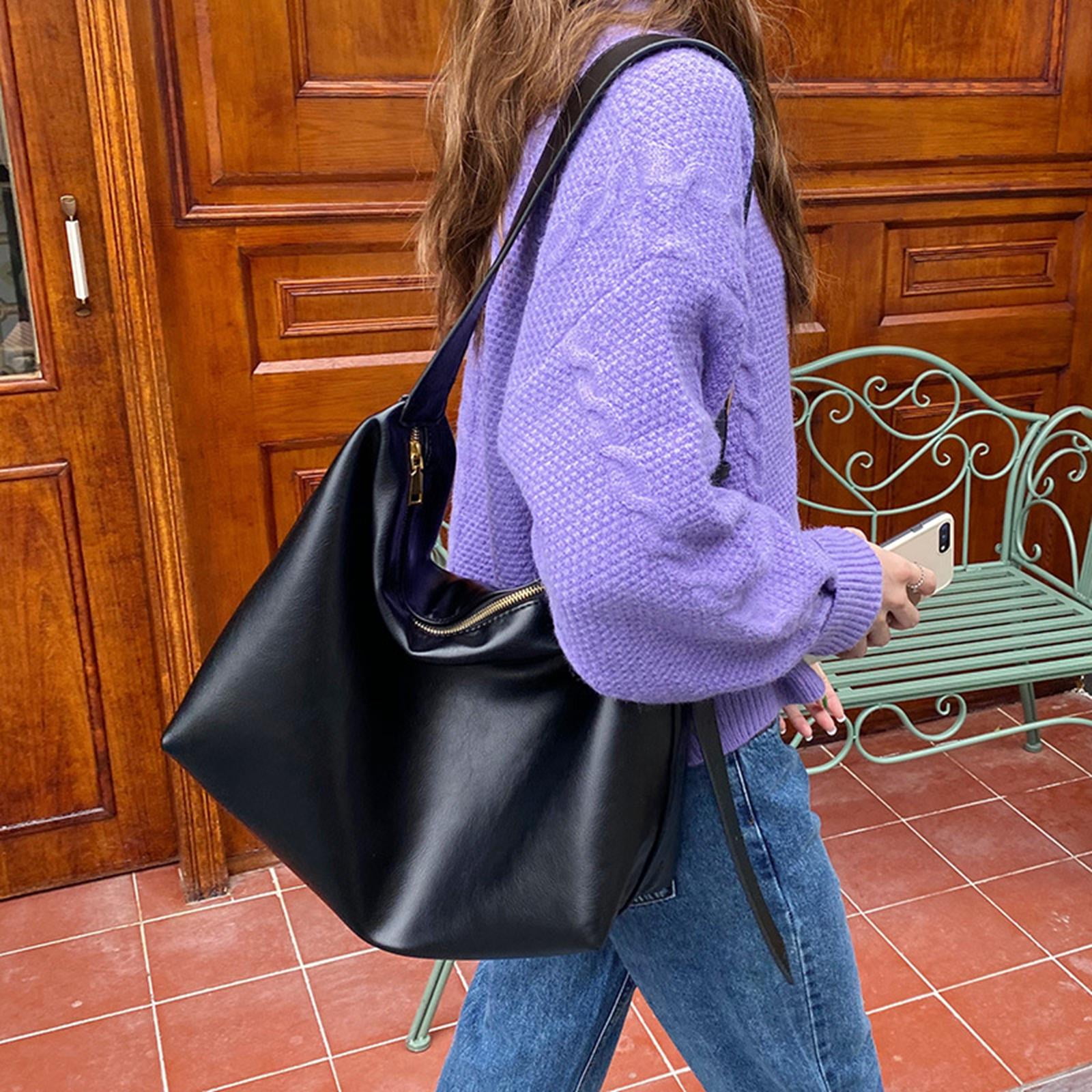 Stylish Women Shoulder Bag Pure Color with Zipper Pocket Adjustable Strap Tote Leather Hobo Purse Handbag for Ladies Travel Black