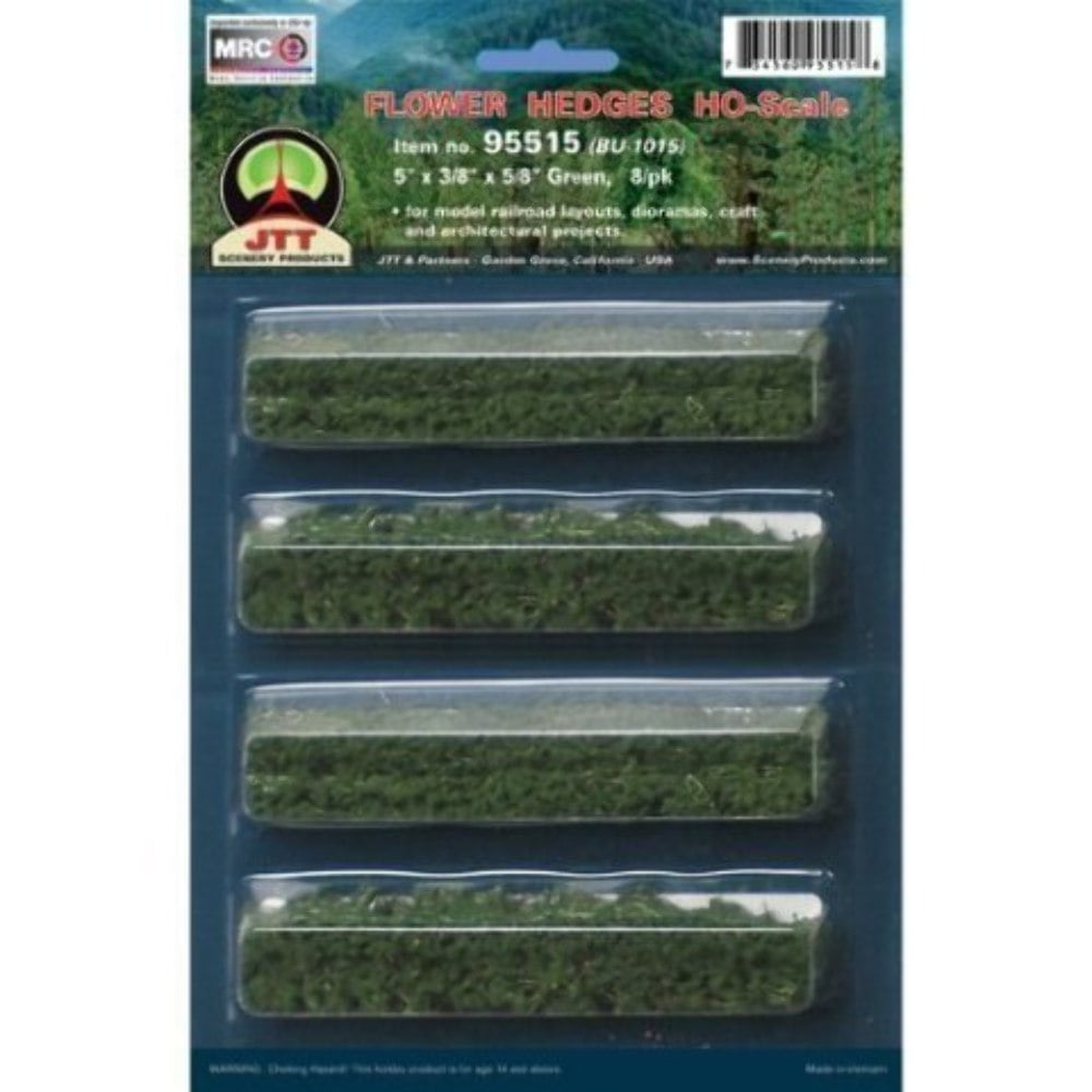 JTT Scenery Flower Hedges Green HO-Scale 5"x3/8"x5/8" 8/pk 95515 