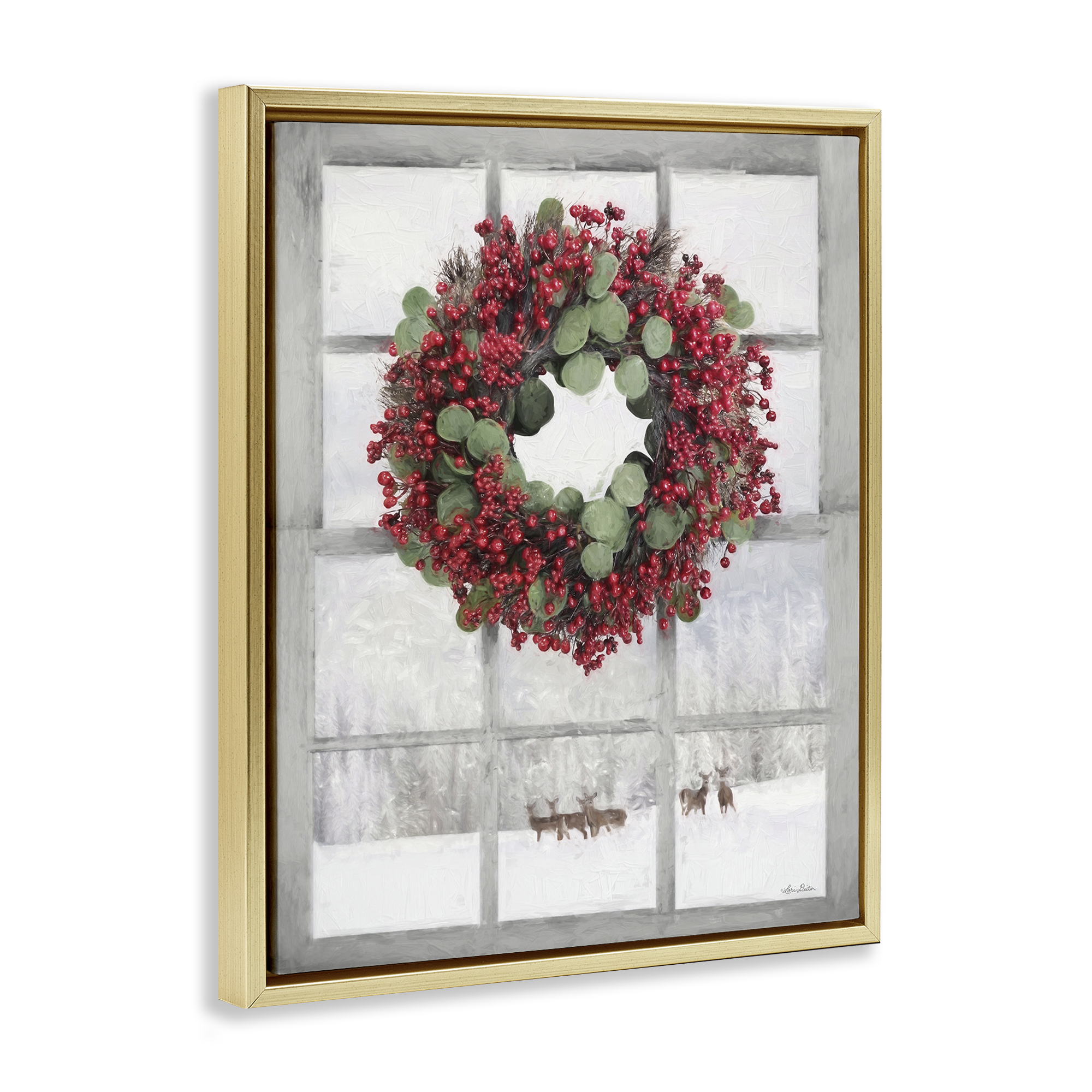 Stupell Industries Holly Wreath & Reindeer Holiday Painting Gold Floater Framed Art Print Wall Art, 25 x 31