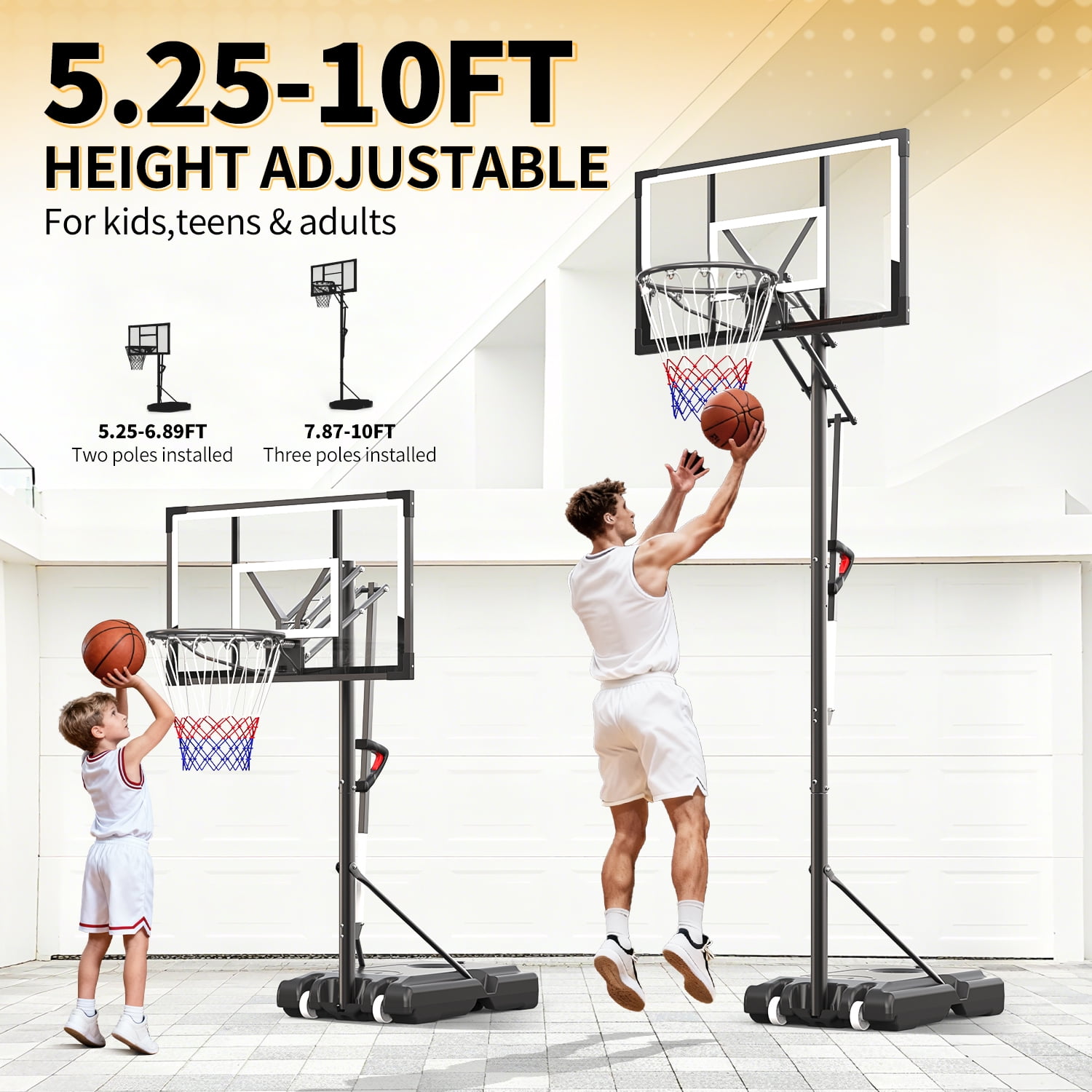 FirstAsk 44" Portable Basketball Hoop with Shatter-Proof Polycarbonate Backboard, 5.25-10ft Height Adjustable Basketball Goal, Indoor/Outdoor Use