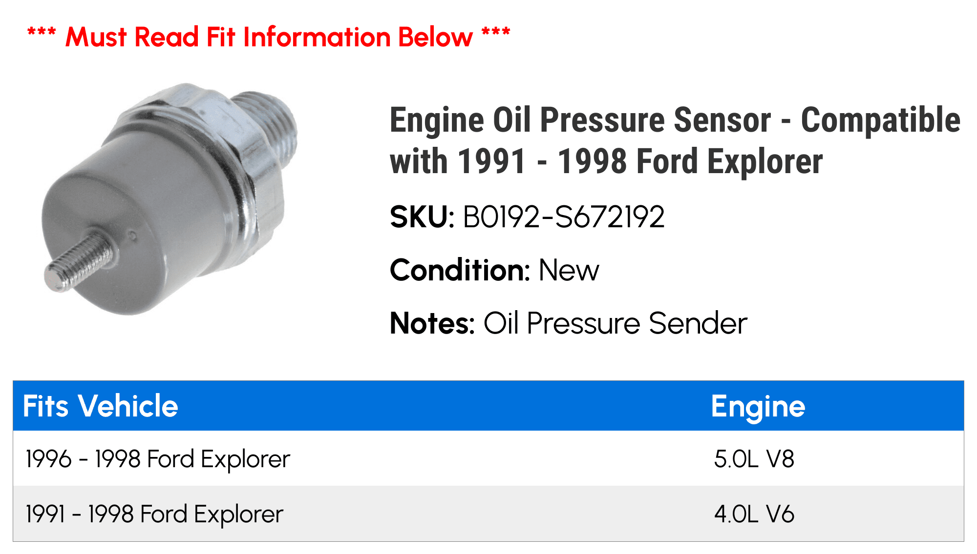 Engine Oil Pressure Sensor - Compatible with 1991 - 1998 Ford Explorer 1992 1993 1994 1995 1996 1997
