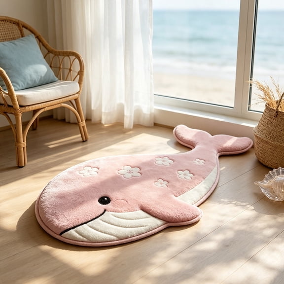 Cadancy Bathroom Rugs Whale Shaped Bath Mat Non Slip Absorbent Microfiber Plush Floor Carpet Kids Room Nursery Kitchen Entrance Doormat Soft Washable Cute Animal Home Decor