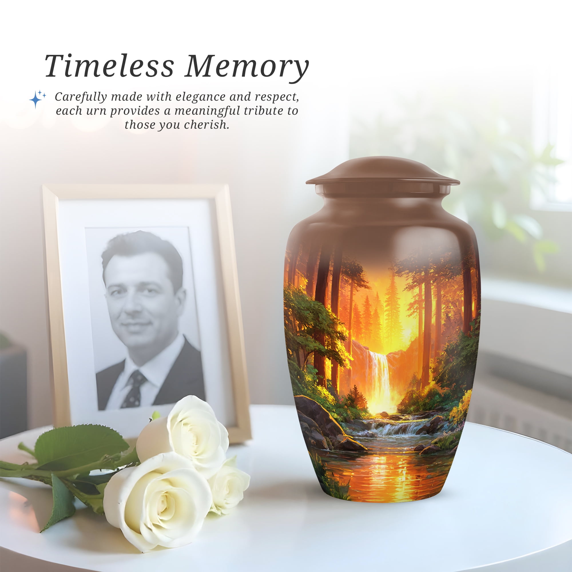 Waterfall Funeral Urn For Adult Mother, Cremation Urn For Human Ashes Large Adult, Burial Urns For Ashes Male, Brown Urns For Male And Female, 10 Inch