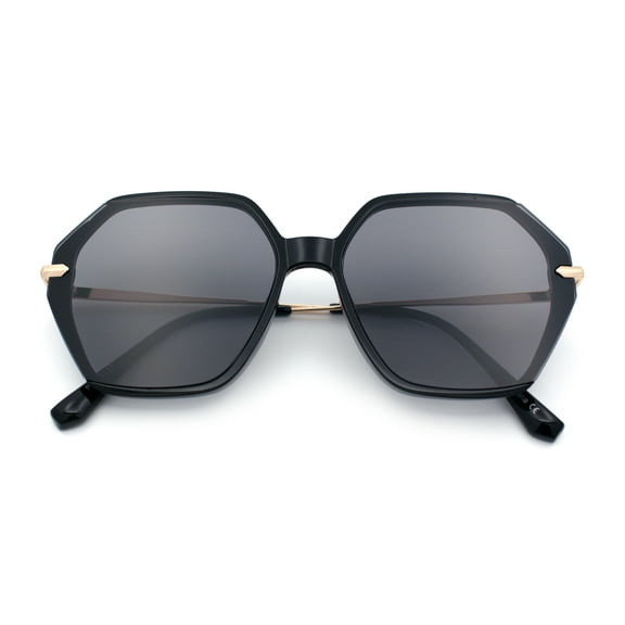 Womens Large Fancy Octagonal Retro Designer Mod Fashion Sunglasses Black Gold - Black