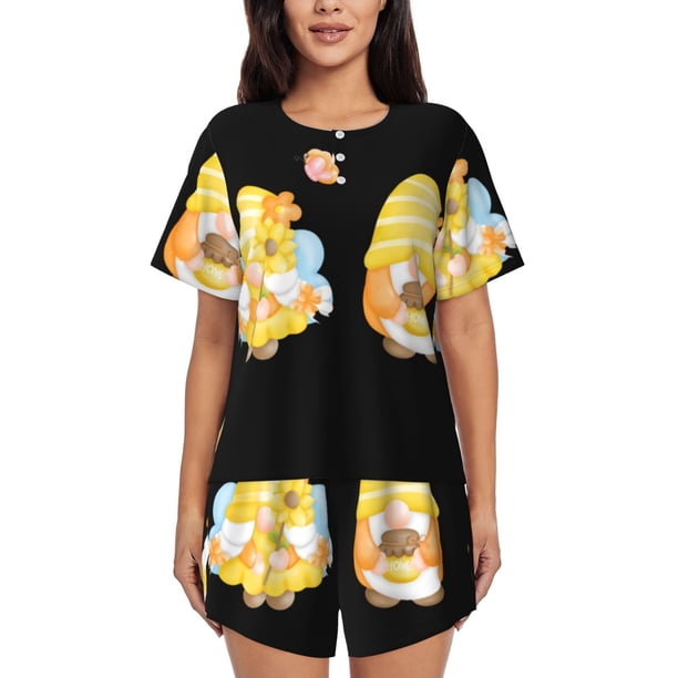 Balery Bee Happy Sunflower Gnomes Conjunto de Pijama para Mujer con Estampado, Dos Piezas de Manga Corta y Shorts, Ropa de Dormir Suave con Cuello Redondo y Bolsillos-Small