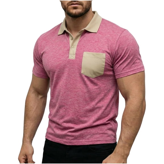 FRSASU Men's Short Sleeve Polo Shirts Casual Summer Button Basic Shirt Classic Golf Stylish Tops with Pocket Pink
