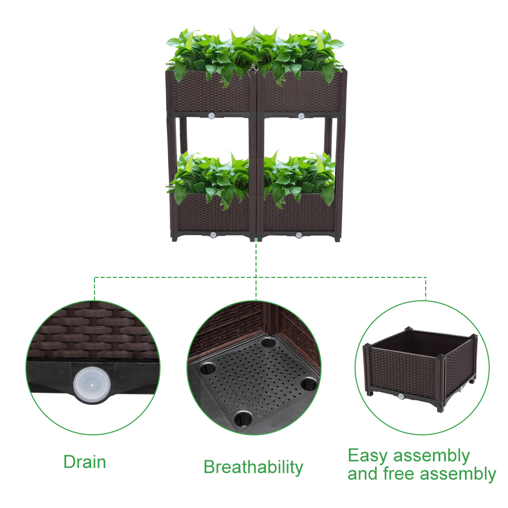 Segmart Vegetables Plant Raised Bed kits, Elevated Plastic Raised Garden Bed Planter Kit for Flower Vegetable Grow Set of 4, Self Watering Planters Box, Brown, SS2221 - image 4 of 9