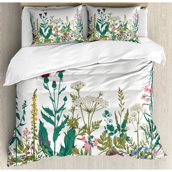 Flower King Size Duvet Cover Set, Flowers and Leaves in a Spring Garden with Daisies Roses Hydrangeas Artwork Print, Decorative 3 Piece Bedding Set with 2 Pillow Shams, Multicolor, by Ambesonne