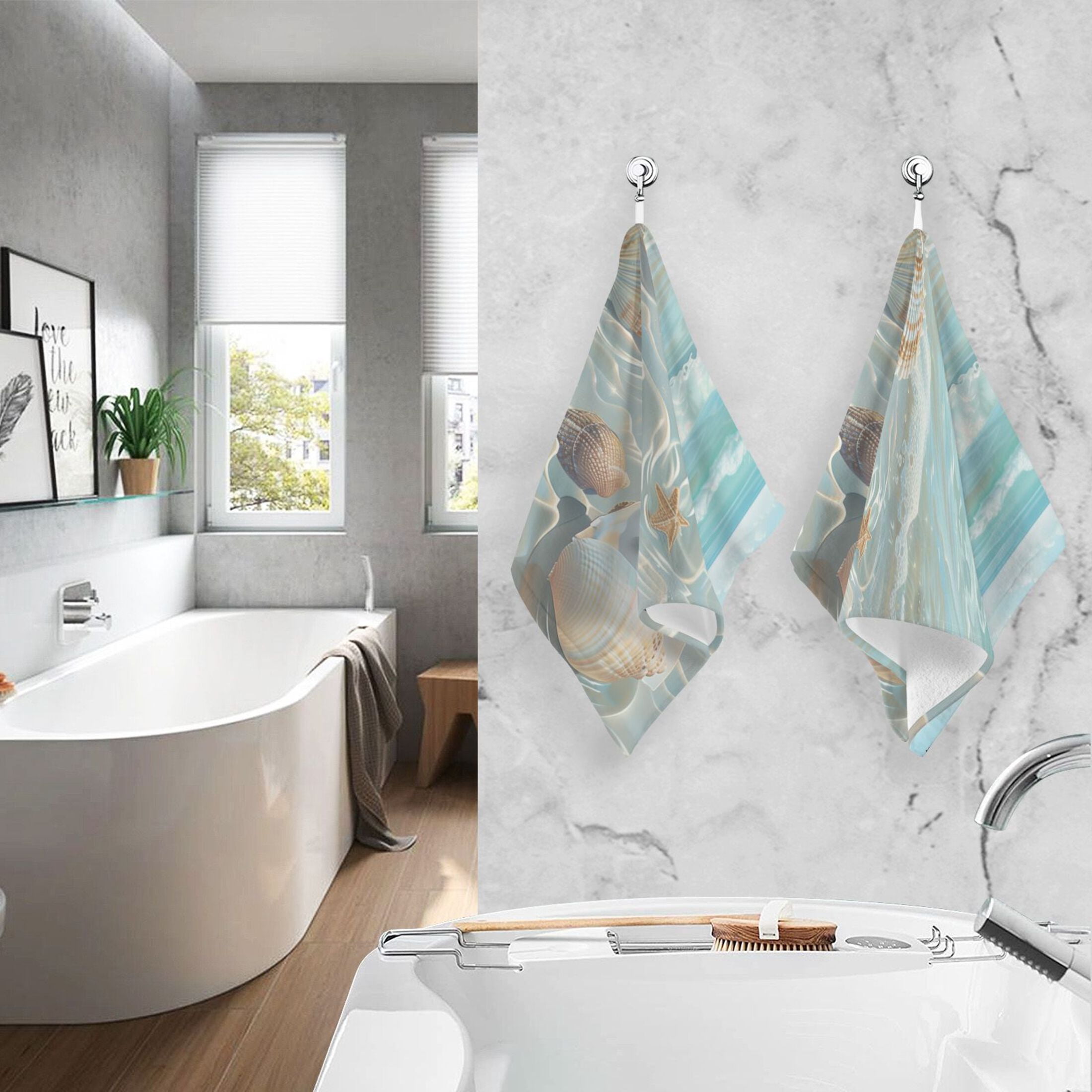 Seashells Sea Stars Beach Hand Towel Set 2 Pcs Cotton Absorbent Soft Face Towels 400 GMS Bath Towels for Bathroom Kitchen Shower Hotel Decor 16"x28"