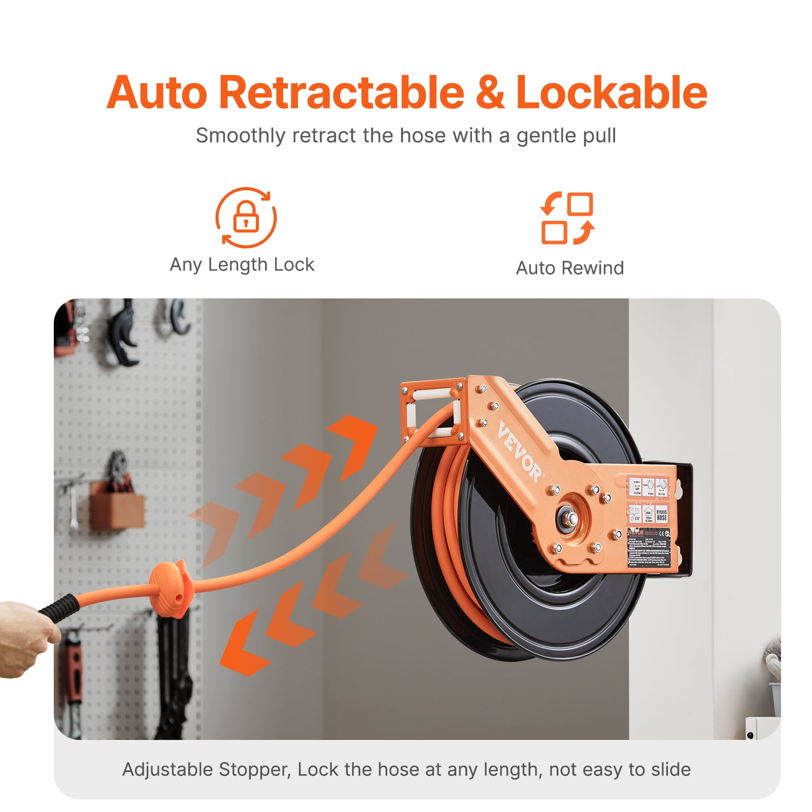 VEVOR Retractable Air Hose Reel, 3/8IN x 50FT Rubber Air Hose Max 300PSI, Air Compressor Hose Reel Auto-Rewind with 5FT Lead in, Ceiling/Wall Mount Heavy Duty Single Arm Reel & 180° Swivel Bracket
