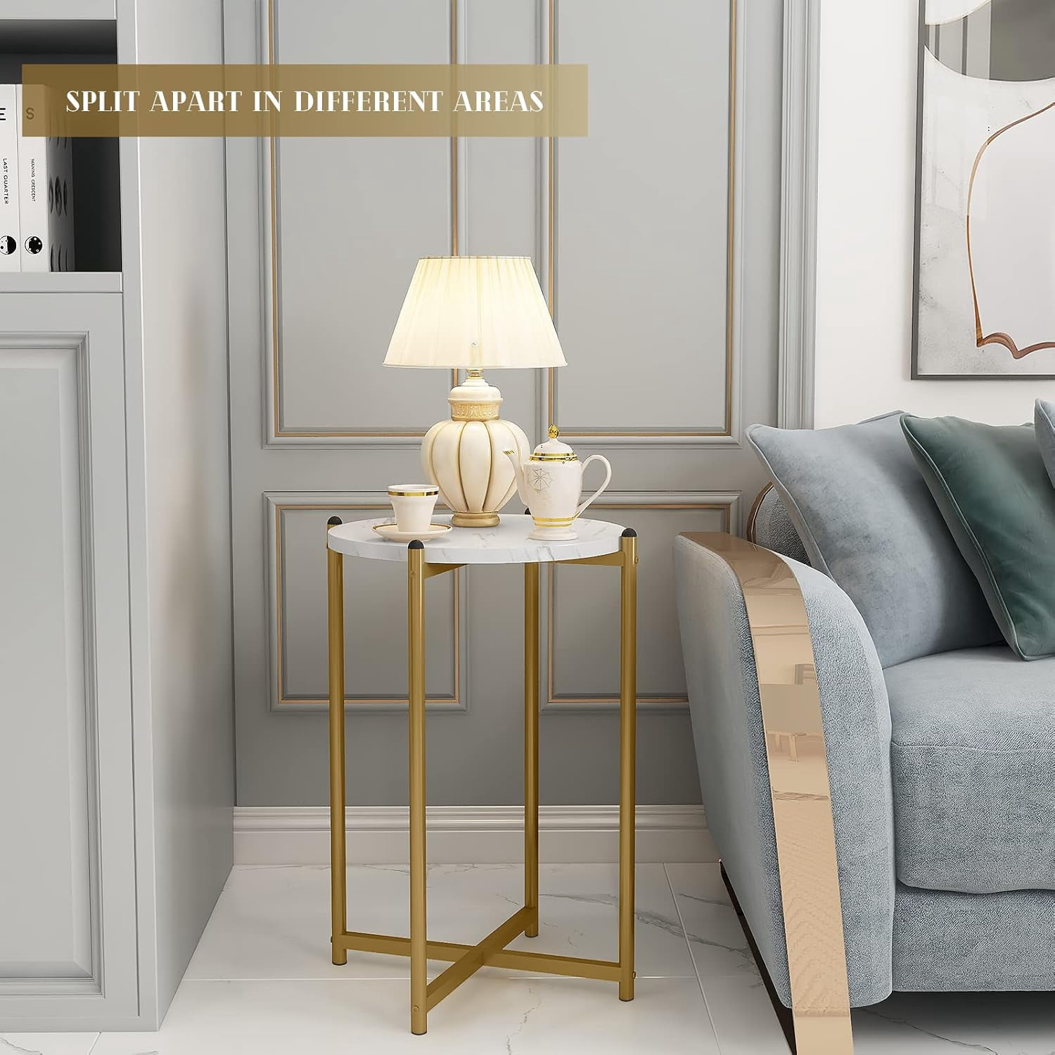 Cvortll Coffee Table Set of 3, Round Faux Marble Top with Cross Metal Frame, Modern Living Room Table for Apartment （White & Gold）