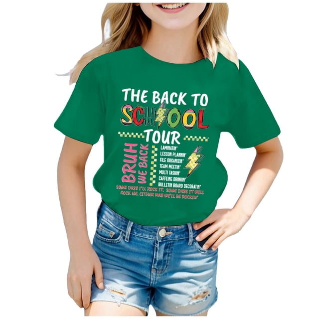 LUOGENLI T-Shirt pour Filles, Imprimé Scolaire, Manches Courtes, Col Rond, Ensemble Maxi, 2 Pcs, Vert 6-7 Ans