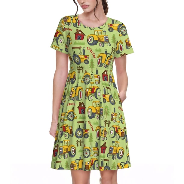 Balery Cute Tractor Vestidos sueltos de manga corta para mujer, vestidos de verano 2025, vestidos casuales de corte A con vuelo.