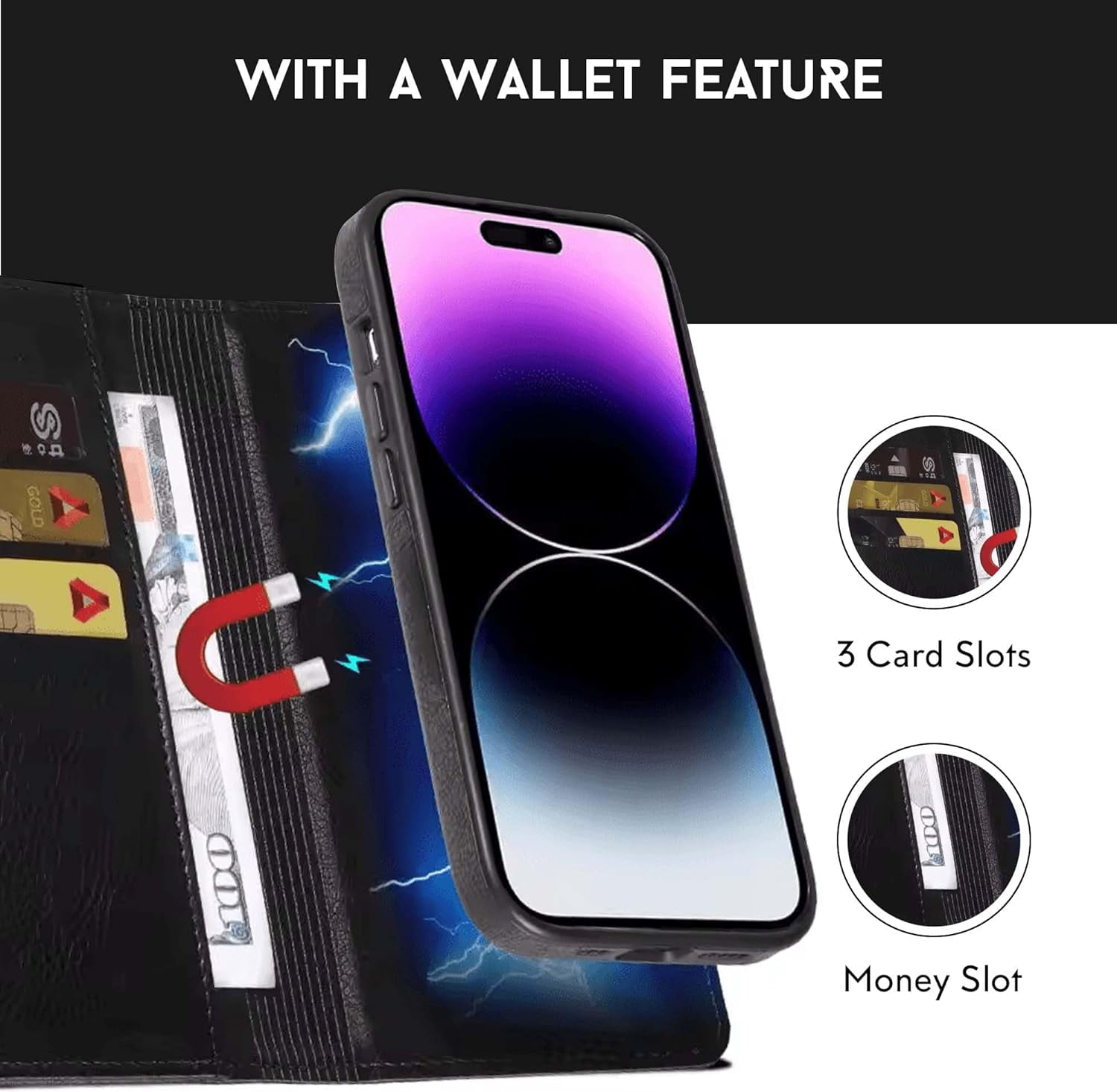 RadEnergy EMF Protection Leather Wallet Folio Case with Card Holder & Stand for iPhone 15 Pro, Black