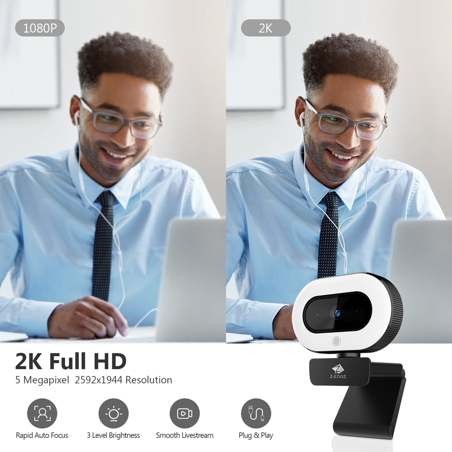 Z-EDGE QHD 2K 5.0-MP Auto-Focus Webcam and Ring Light with Stereo Sound and Noise-Reduction Microphone, ZW560S, ZW560S