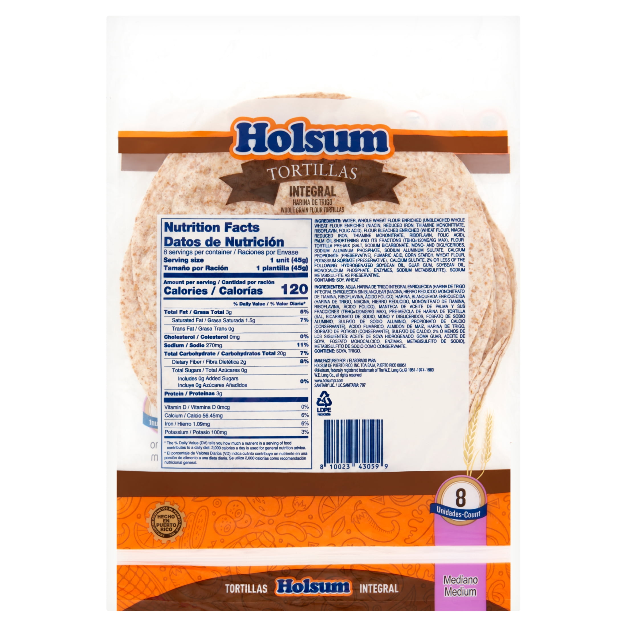 Holsum, Soft Whole Wheat Flour Tortilla, 13 oz, 8 Count, Shelf Stable