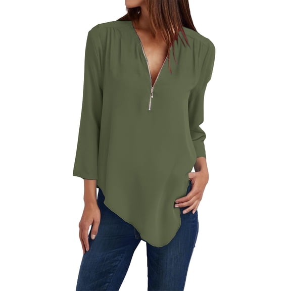 Women Clearance Casual Tshirts Fall Fashion Tops Button Women Ladies Clothing Loose Shirt Chiffon Zipper Long Sleeves Slanted Hem Plus Size Tops Fashion Basic Tees
