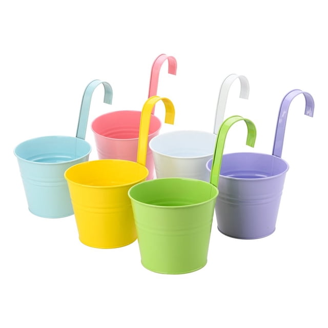 Garden Home Decoration Railing Fence Hanging Flower Pots 6Pcs With Detachable Hooks 6 Colors Metal Iron Bucket Planter