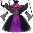 thumbnail image 3 of Disfraz de bruja de Halloween, Malefice, para niñas, color morado y negro, con tutú elegante, capa de plumas, disfraz de reina malvada, ropa para niños, 3 of 5