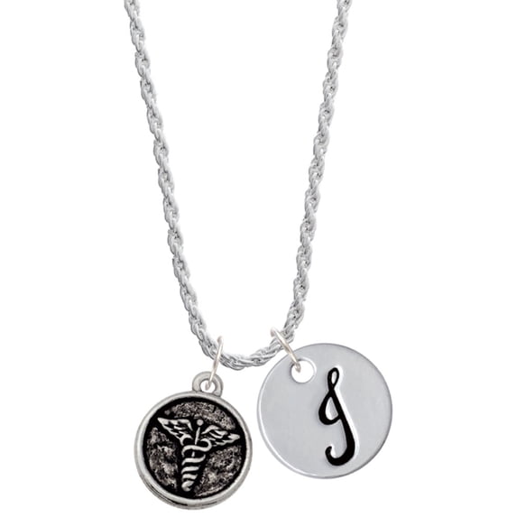 Delight Jewelry Silvertone Medical Caduceus Seal - Silvertone Script Initial Disc - J - Charm Necklace, 20"+3"