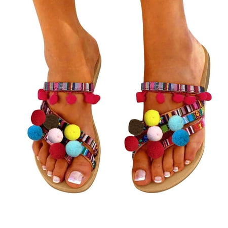 

〖Yilirongyumm〗 Red 39 Sandals Women Ladies Fashion Summer Colorful Cloth Plush Ball Decor Boho Flat Sandals