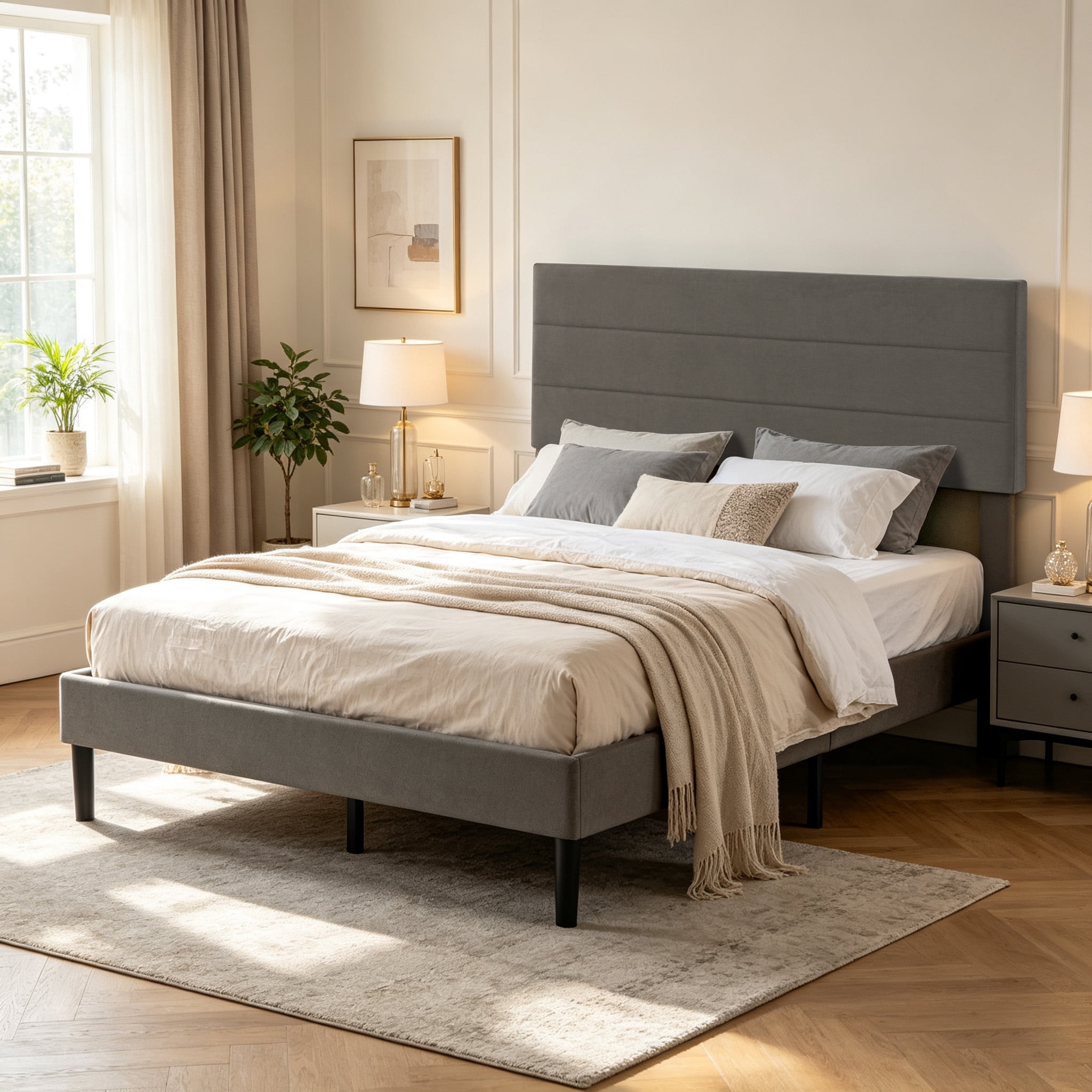 Gewnee Full Size Bed Frame,Upholstered Platform Bed Frame with Corduroy Headboard,Wood Platform Bed,No Box Spring.Gray
