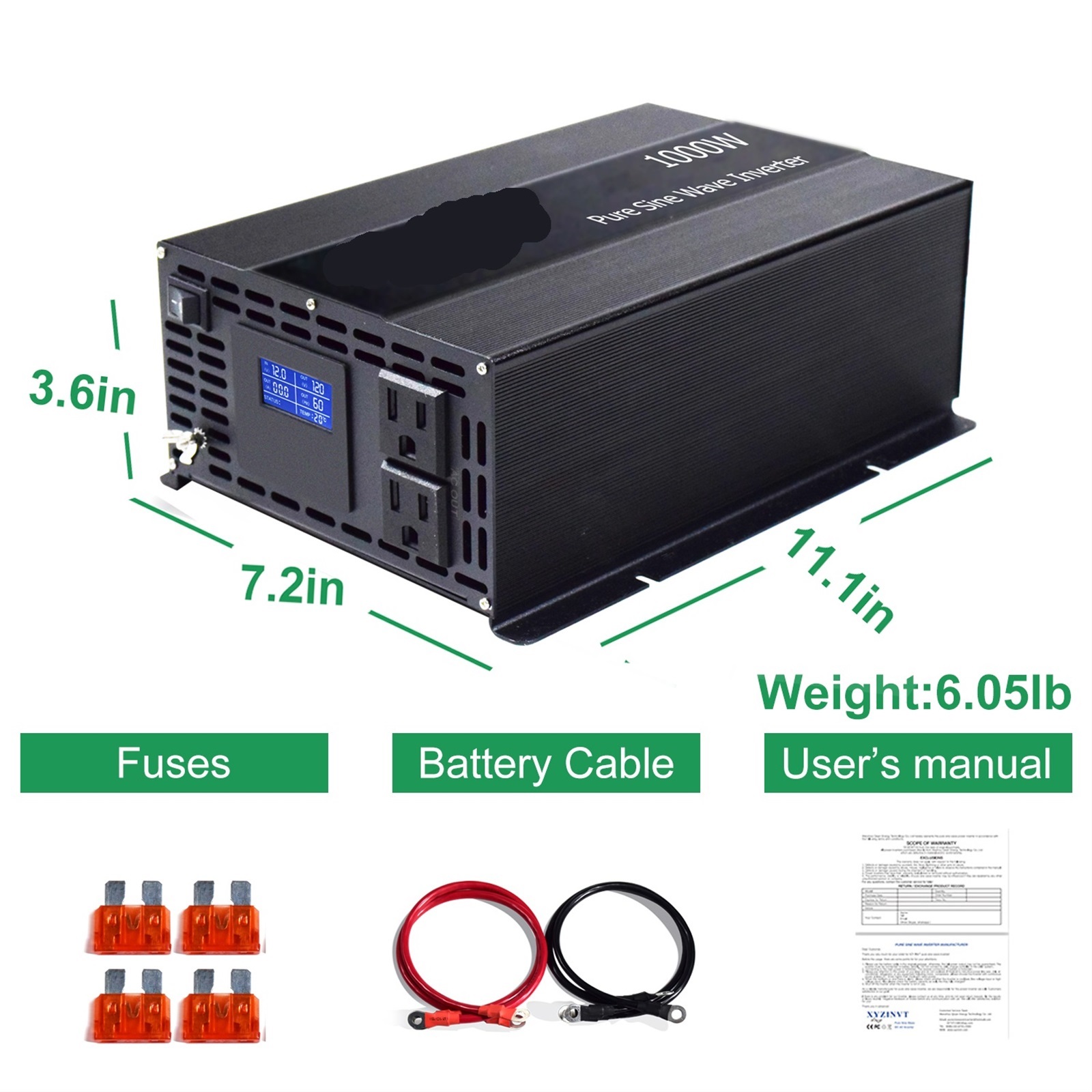 Solar Panel Power Inverter 1000W Pure Sine Wave Inverter 12V/24V/36V/48V DC to 100V/120V//230V/240V AC Converter Transformer ,High-efficiency Conversion