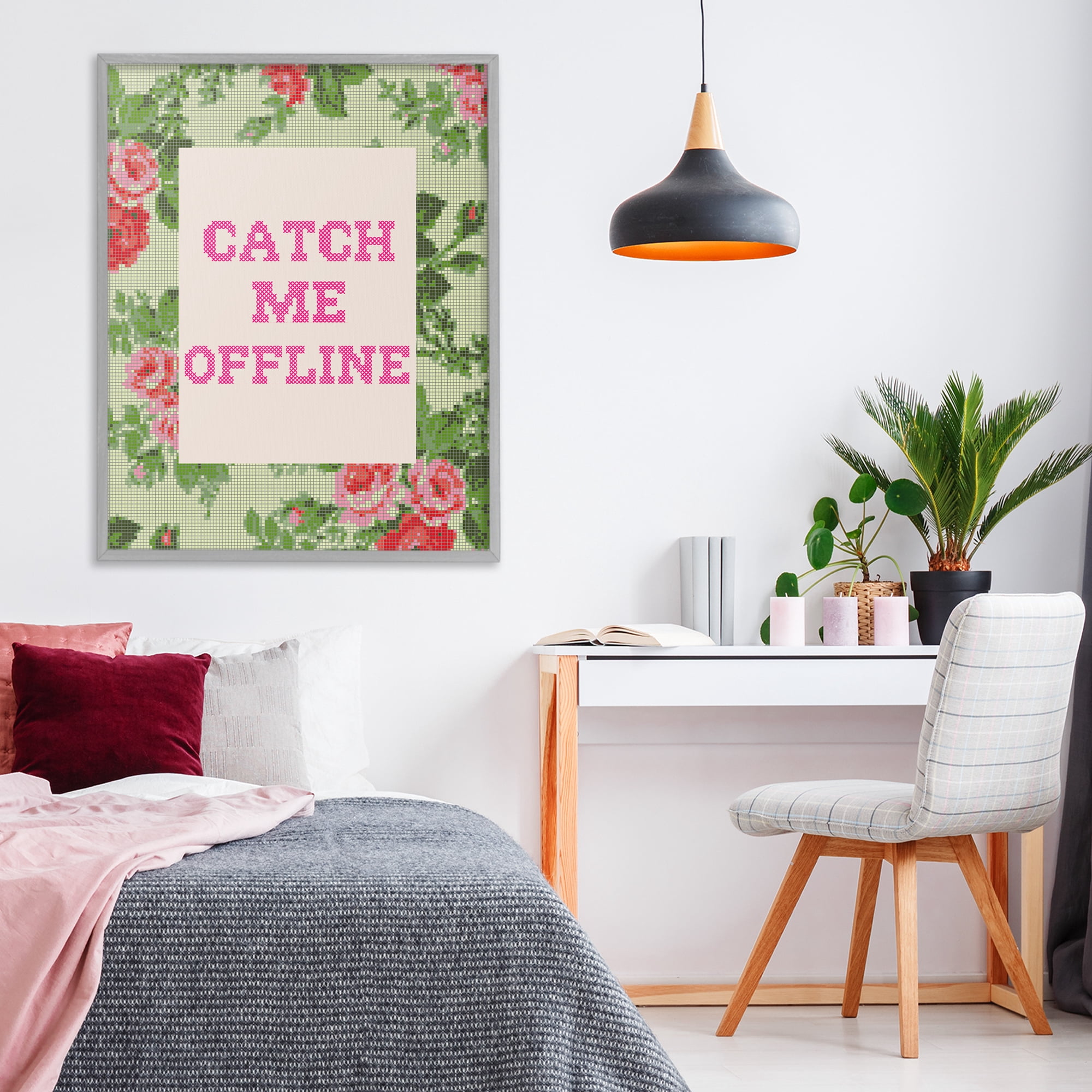 Stupell Industries Catch Me Offline Faux Cross Stitch Gray Framed Giclee Art, design by Lil' Rue