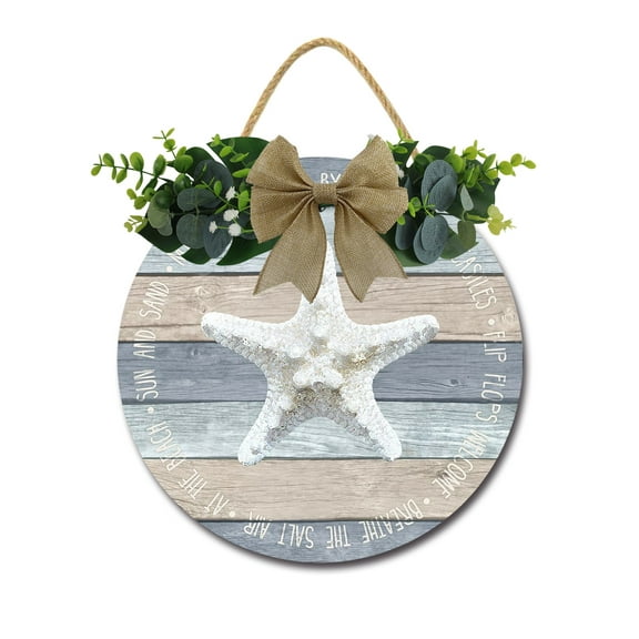 By The Sea Starfish Front Door Sign Funny Wreaths Hanging Wooden Plaque Decoration Round Rustic Wood Farmhouse Porch Decor for Home Front Door Decor, 11 x 11 Inch