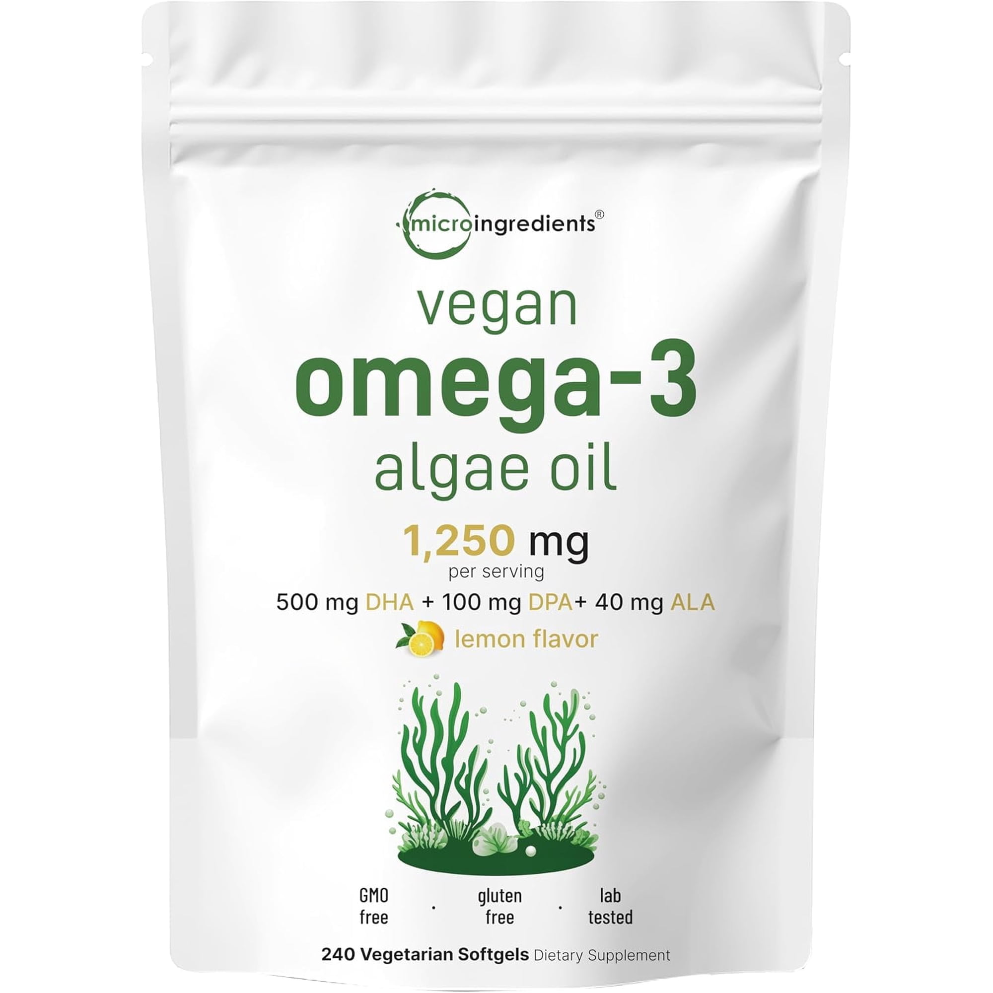 Micro Ingredients Vegan Omega 3 Algae Oil, 240 Veggie Softgels | DHA 500mg & DPA 100mg | Plant-Based Omega 3 Supplement with Flaxseed & ALA | Lemon Flavored, Carrageenan Free