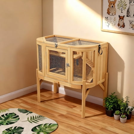 Large Wooden Hamster Cage with Openable Top,Chew Proof Hamsters Enclosure with Detachable Leg Design and Tray,Natural