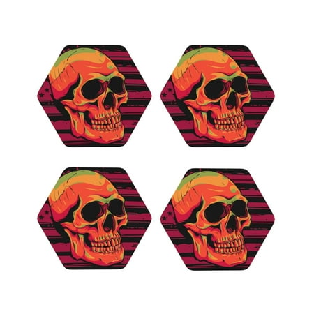 

Fuzoiu Skull And Flag Usa Print Leather Coasters Set Drink Coasters Set of 4 for Tabletop Protection Durable PVC Coasters Home Décor and Housewarming Gift-Hexagon