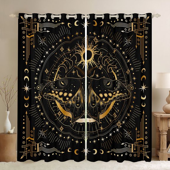 jejeloiu Gothic Moth Curtains Pack of 2 (42x84 Each),Retro Boho Bohemian Curtains Blackout,Gold Black Bedroom Curtains For Kids,Microfiber Bedroom Decor