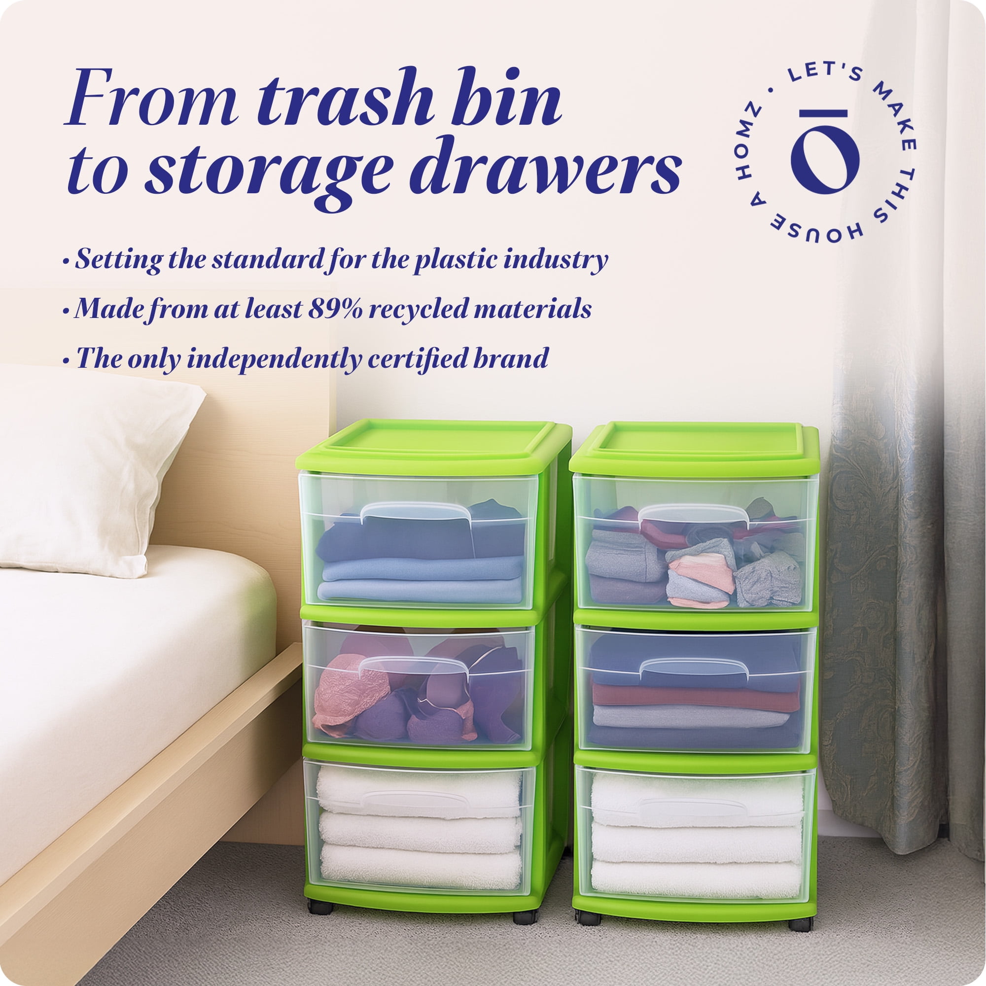 Homz 3-Drawer Medium Storage Container, Clear Drawers/Lime Frame (2 Pack)